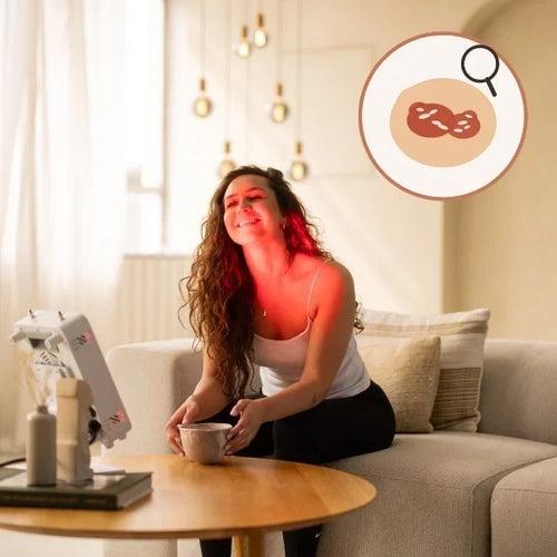 Vrouw op de bank bij een klein rood licht therapie paneel, met icoon van een psoriasisplek