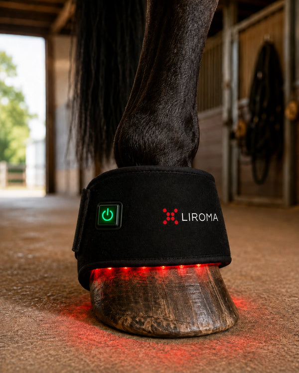 Close-up van The Hoof om de hoef van een donker paard, rood licht aan in de stal