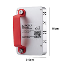 Rückseite der Liroma Portable Prime mit Typenschild und den Maßen 15 mal 9,5 cm
