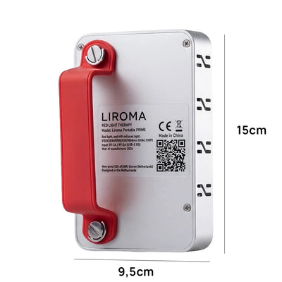 Rückseite der Liroma Portable Prime mit Typenschild und den Maßen 15 mal 9,5 cm