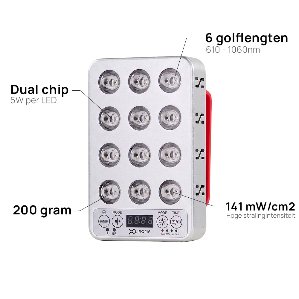 Merkmale der Liroma Portable Prime: Dual-Chip-LEDs mit 5 W, 6 Wellenlängen von 610 bis 1060 nm, 141 mW/cm² und 200 Gramm Gewicht