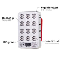 Merkmale der Liroma Portable Prime: Dual-Chip-LEDs mit 5 W, 6 Wellenlängen von 610 bis 1060 nm, 141 mW/cm² und 200 Gramm Gewicht