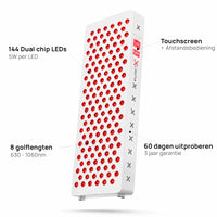 Merkmale der Liroma Advanced Gen5 Rotlichtlampe: 144 Dual-Chip-LEDs mit 5 W, 8 Wellenlängen von 630 bis 1060 nm und Touchscreen mit Fernbedienung